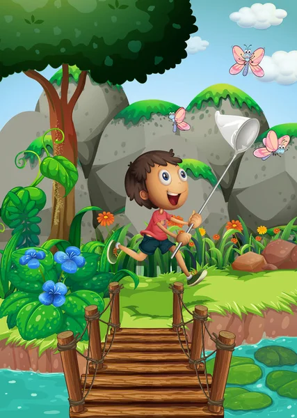 Scena z chłopcem łapanie owadów w ogrodzie — Wektor stockowy