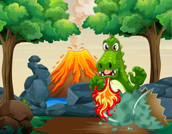 Зеленый дракон вылупляющийся яйцо в лесу — стоковый вектор