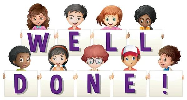 Children holding sign for word well done — Stock Vector