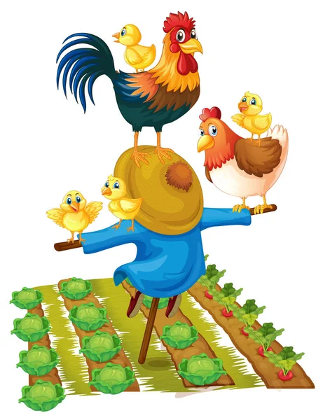 Kycklingar i köksträdgård och Fågelskrämman — Stock vektor