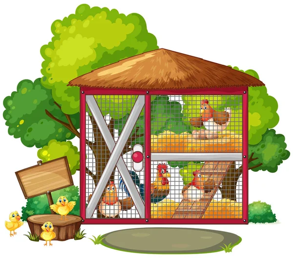 Chickens in big coop — Stock Vector