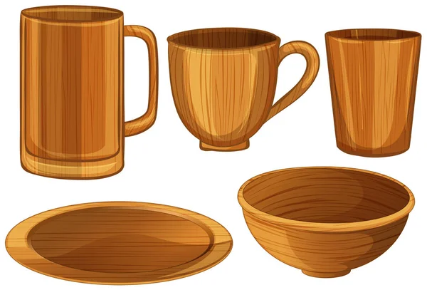 Wooden cups and plates — Stock Vector