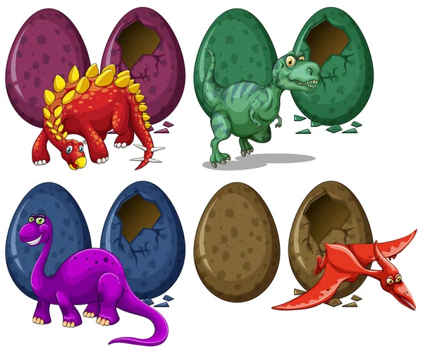 Dinosaurios eclosionando huevos sobre fondo blanco — Vector de stock