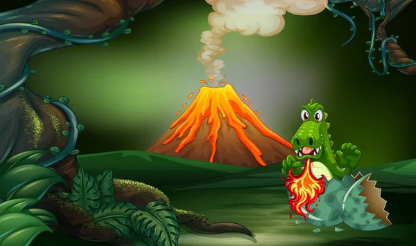 Vulkan-Szene mit Drache, der Feuer bläst — Stockvektor