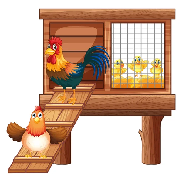 Chicken and chicks in coop — Stock Vector