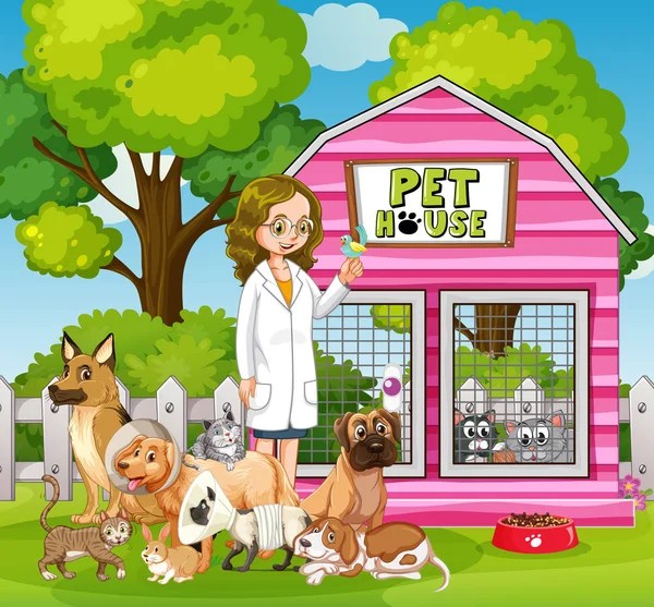 Vétérinaire femelle et de nombreux animaux domestiques — Image vectorielle