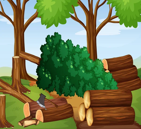 Scène de forêt avec bois a été coupé — Image vectorielle