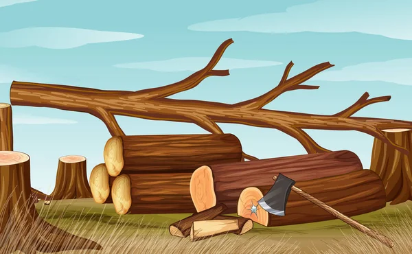 Scène de déforestation avec bois de chauffage et hache — Image vectorielle
