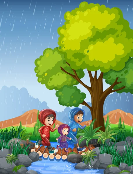 Três crianças correndo na chuva — Vetor de Stock