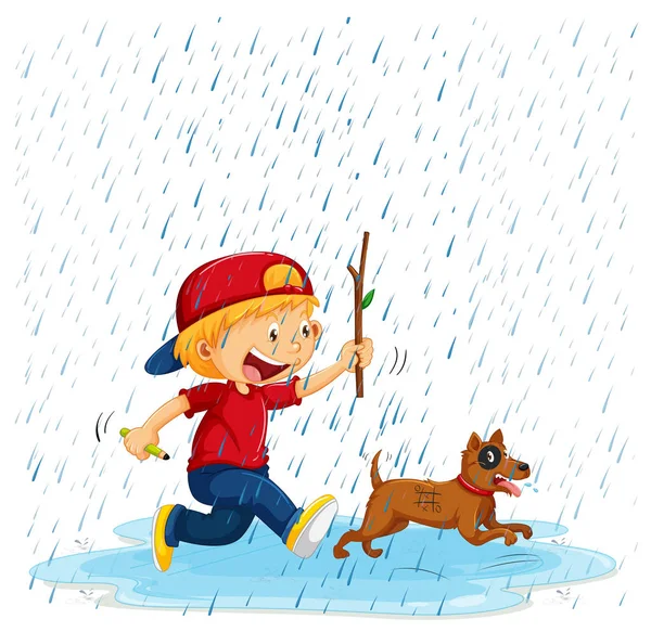 Pojke och hund som kör i regn — Stock vektor