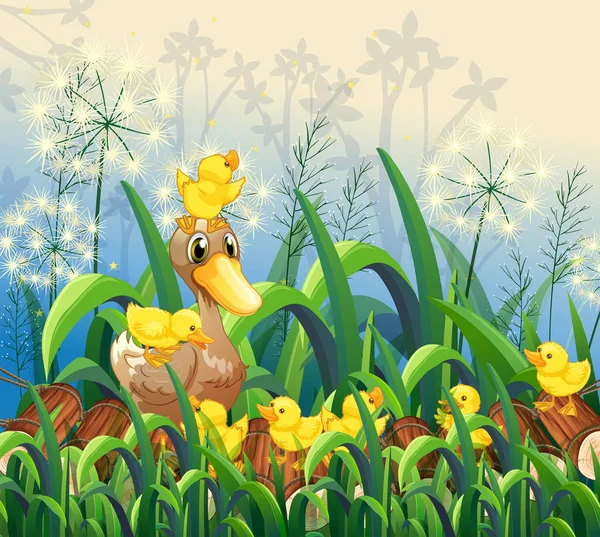 Little ducklings in garden — Stock Vector