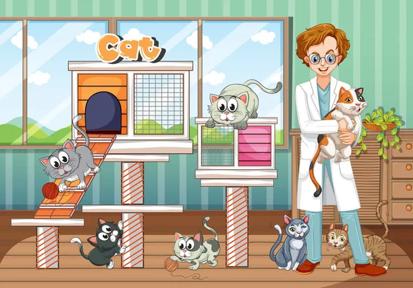 Dier ziekenhuis met dierenarts en katten — Stockvector