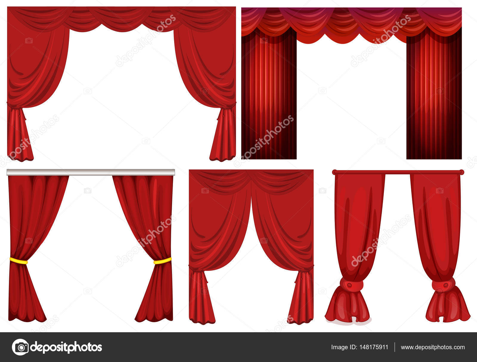 Verschillende ontwerpen van rode gordijnen — Stockvector ... Verschillende ontwerpen van rode gordijnen — Stockvector ...