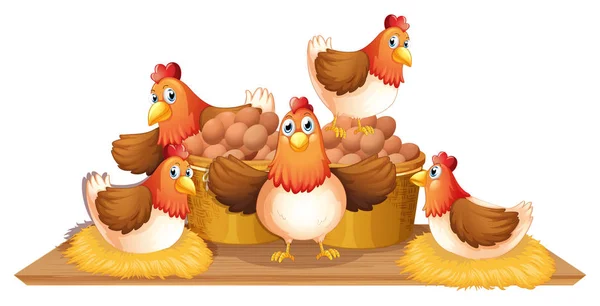Pollos y huevos en cesta — Archivo Imágenes Vectoriales