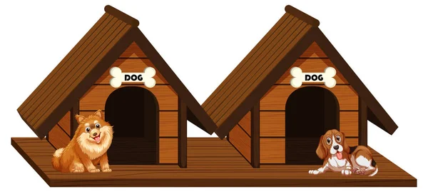 Two wooden doghouses with dogs