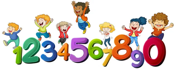 Happy children and numbers one to zero — Stock Vector