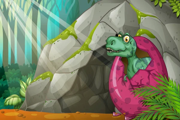 Динозавр вилуплює яйце перед печерою — стоковий вектор