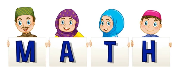 Μουσουλμανική οικογένεια κρατώντας πινακίδα για λέξη μαθηματικά — Διανυσματικό Αρχείο