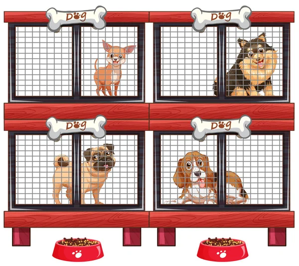 Quatre types de chiens en cage — Image vectorielle
