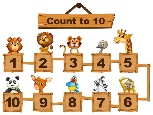 Contando números uno a diez con animales — Vector de stock