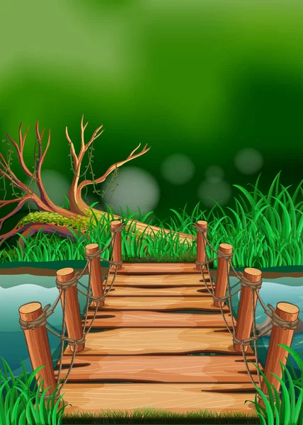 Σκηνή με ξύλινη γέφυρα πέρα από τον ποταμό — Διανυσματικό Αρχείο