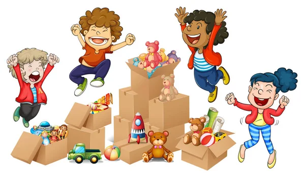 Niños y cajas de juguetes — Vector de stock