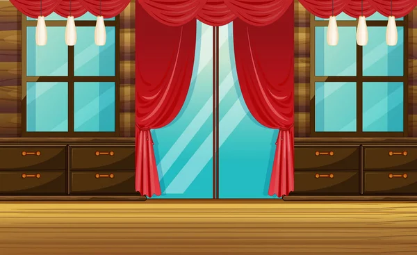 Zimmer mit Holzmöbeln und rotem Vorhang — Stockvektor