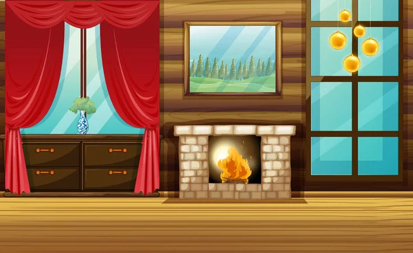 Chambre avec cheminée et rideau rouge — Image vectorielle