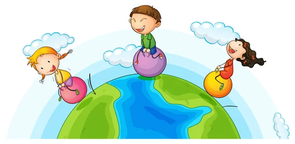 Three kids playing ball on earth — Stock Vector