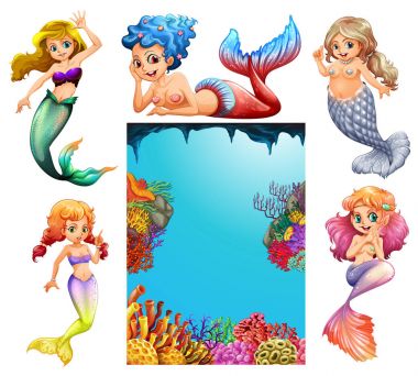 Underwater scene with lots of mermaids clipart