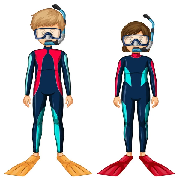 Homme et femme en tenue de plongée sous-marine — Image vectorielle
