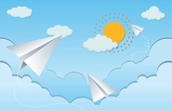 Aviones de papel en el cielo — Vector de stock