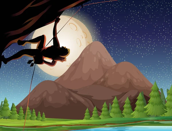 Rock climbing on fullmoon night — Stock Vector