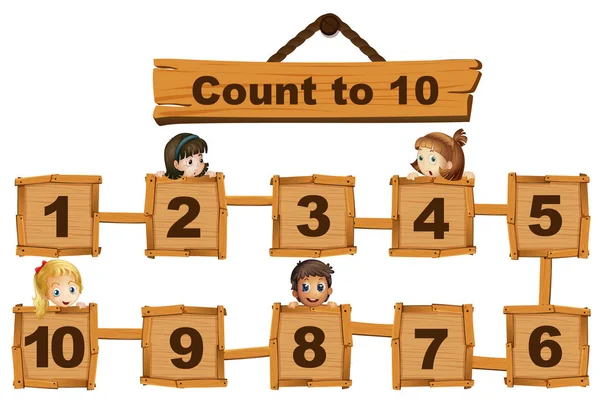 Children and numbers one to ten on wooden boards — Stock Vector