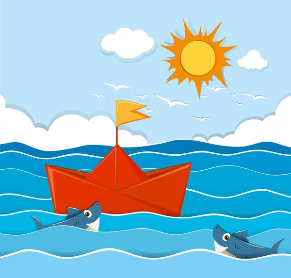 Orange paperboat floating in the ocean — Stock Vector
