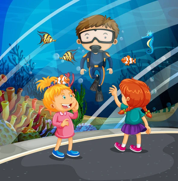 Meisjes kijken naar vis en duiker in het aquarium — Stockvector