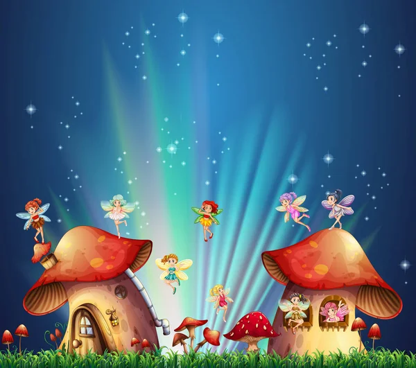 Fées survolant les maisons de champignons — Image vectorielle