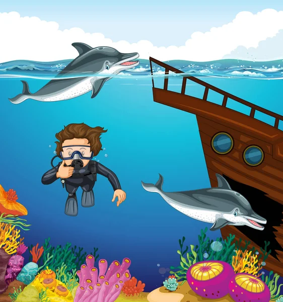 Hombre de buceo con dos delfines — Vector de stock