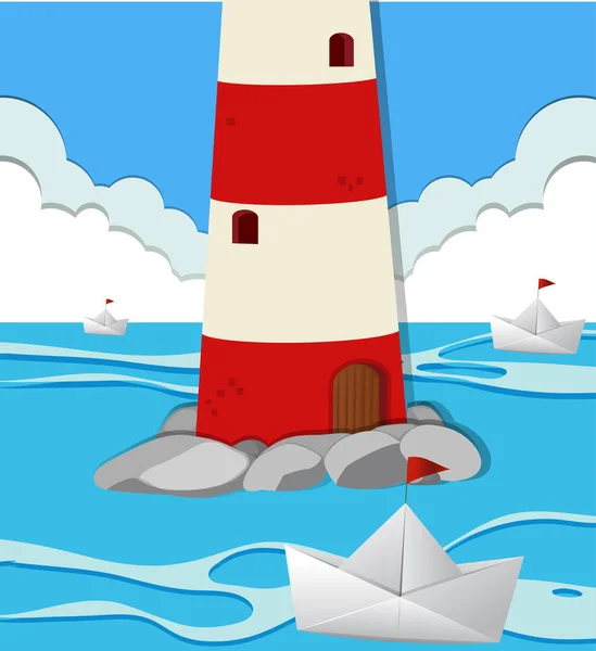 Oceaan scène met vuurtoren en papieren boten — Stockvector