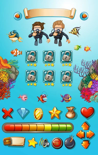 Modelo de jogo com mergulhadores e animais marinhos — Vetor de Stock