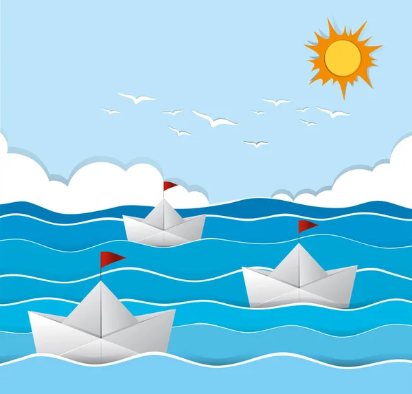 Barcos en origami navegando en el mar — Vector de stock