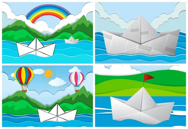 Quattro scene con barche di carta in mare — Vettoriale Stock