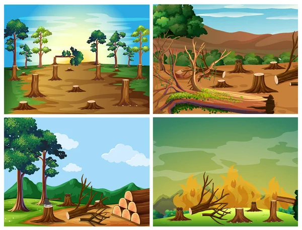 Four scenes of deforestation and wild fire — Stock Vector