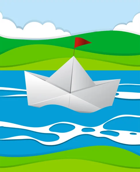 Paper boat floating in the river — Stock Vector