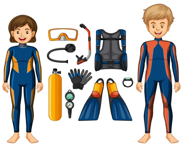 水肺潜水和不同的设备 — 图库矢量图片