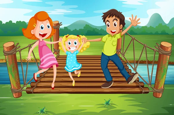 Family on the wooden bridge in the park — Stock Vector