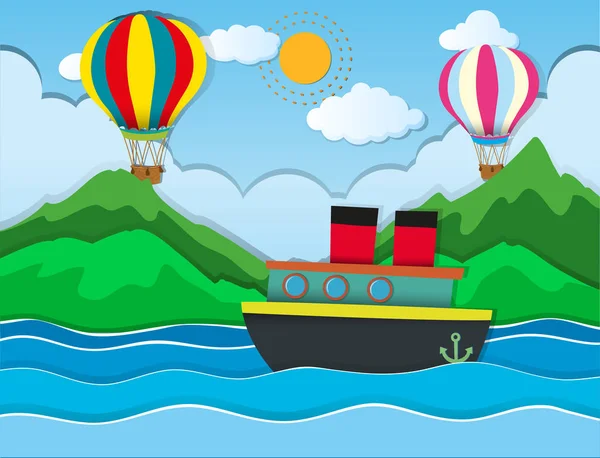 Schiff segelt im Meer und Ballons fliegen in den Himmel — Stockvektor