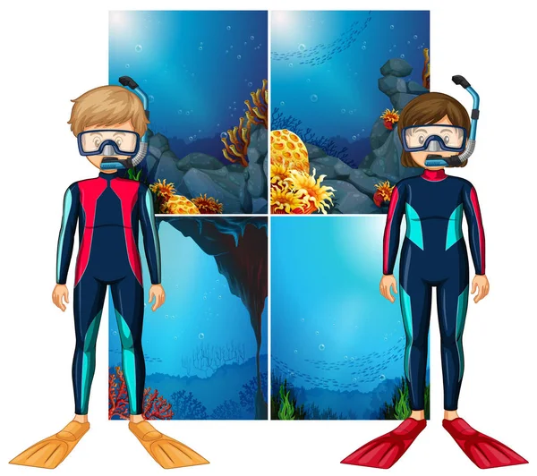 Plongeurs sous-marins et scène sous-marine — Image vectorielle