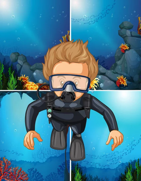Mężczyzna nurkowanie podwodne i ocean tła — Wektor stockowy