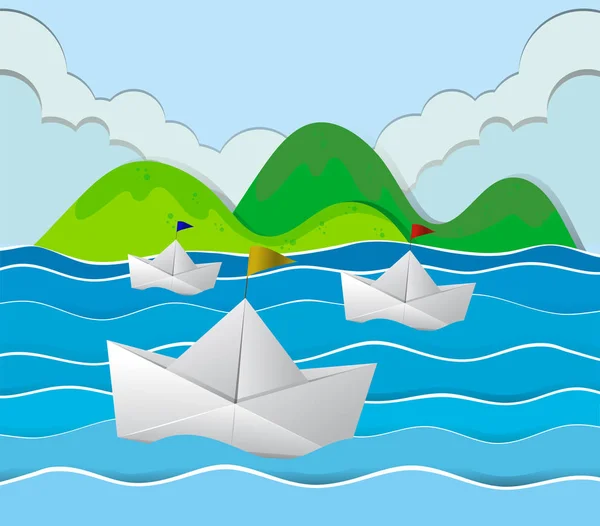 Tiga perahu kertas mengambang di laut - Stok Vektor